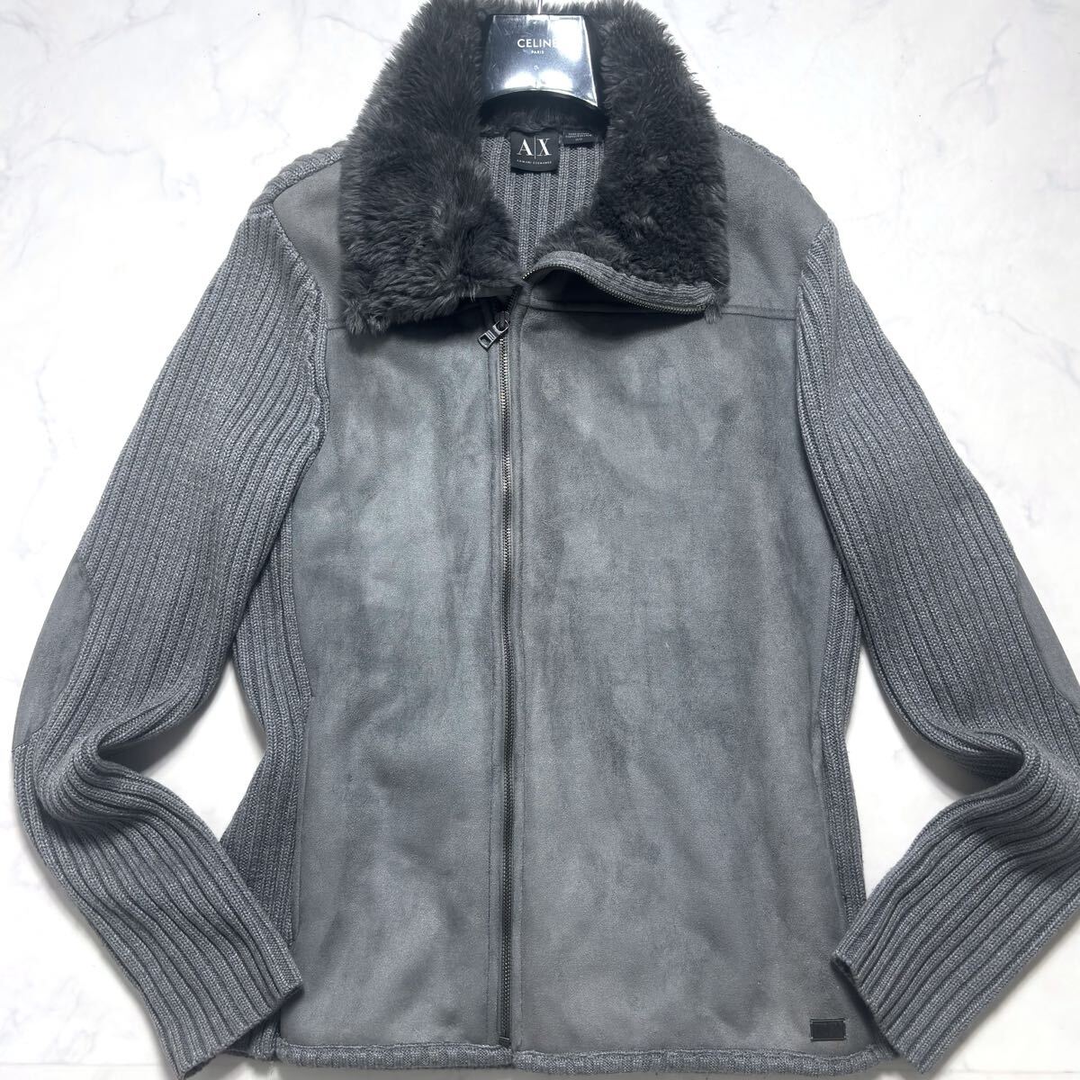 美品/L相当 ARMANI EXCHANGE ドライバーズニット●切替 ボア ムートン調 エルボーパッチ リブ ロゴ金具 メンズ アルマーニエクスチェンジ_画像2