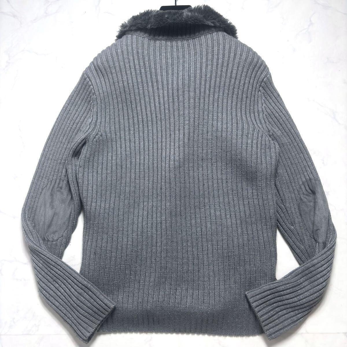 美品/L相当 ARMANI EXCHANGE ドライバーズニット●切替 ボア ムートン調 エルボーパッチ リブ ロゴ金具 メンズ アルマーニエクスチェンジ_画像3