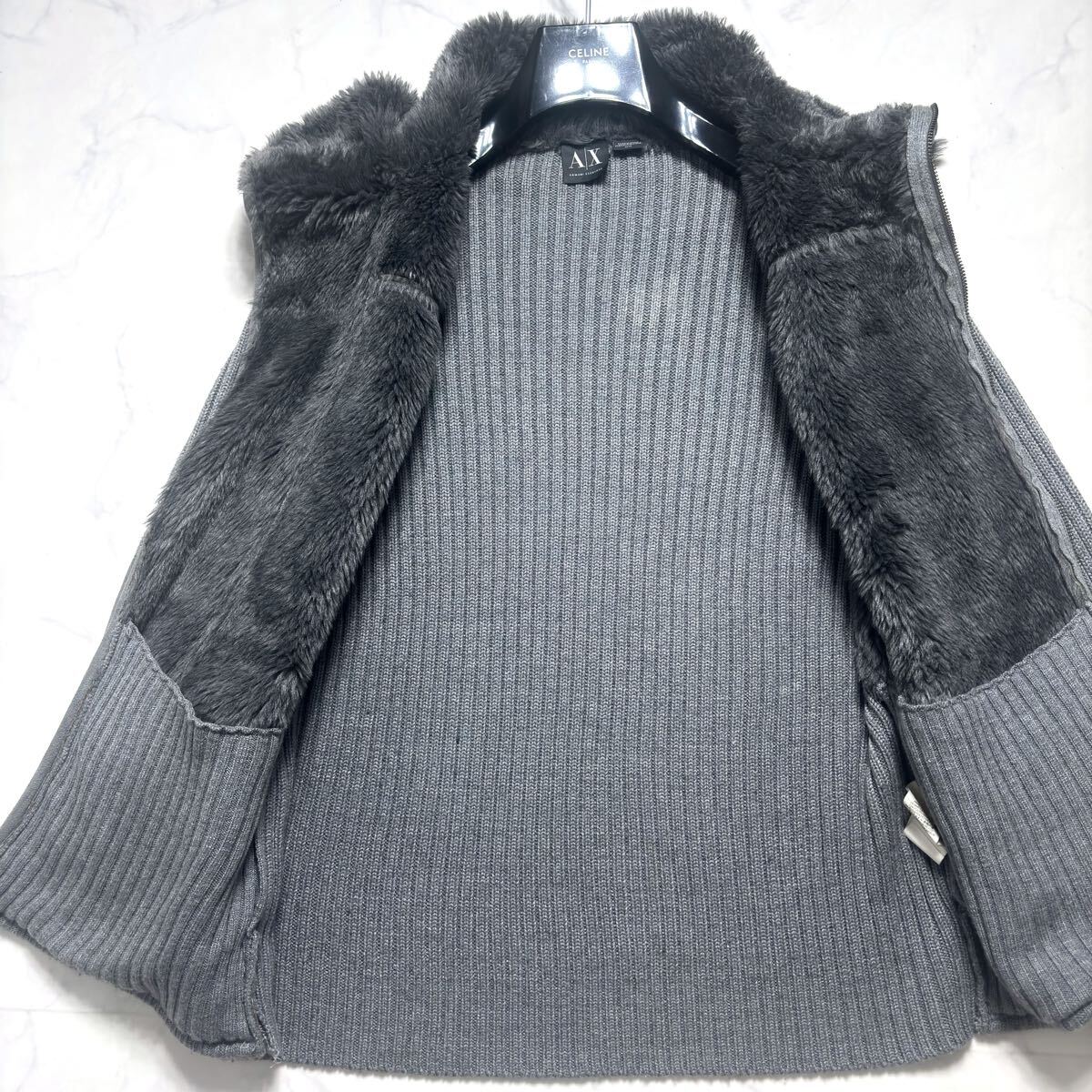 美品/L相当 ARMANI EXCHANGE ドライバーズニット●切替 ボア ムートン調 エルボーパッチ リブ ロゴ金具 メンズ アルマーニエクスチェンジ_画像4