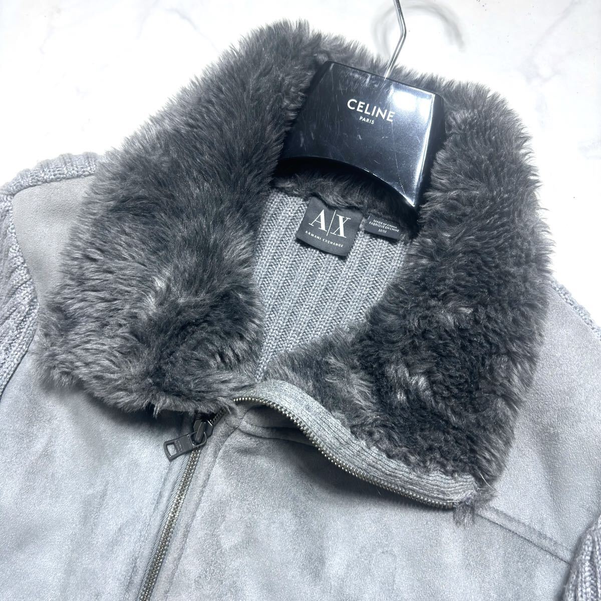 美品/L相当 ARMANI EXCHANGE ドライバーズニット●切替 ボア ムートン調 エルボーパッチ リブ ロゴ金具 メンズ アルマーニエクスチェンジ_画像5