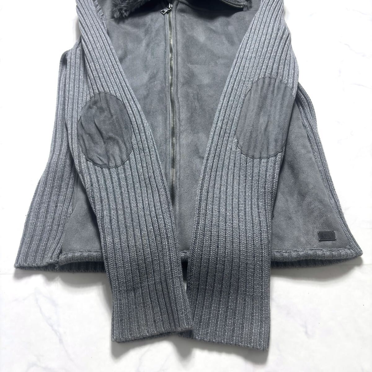 美品/L相当 ARMANI EXCHANGE ドライバーズニット●切替 ボア ムートン調 エルボーパッチ リブ ロゴ金具 メンズ アルマーニエクスチェンジ_画像7