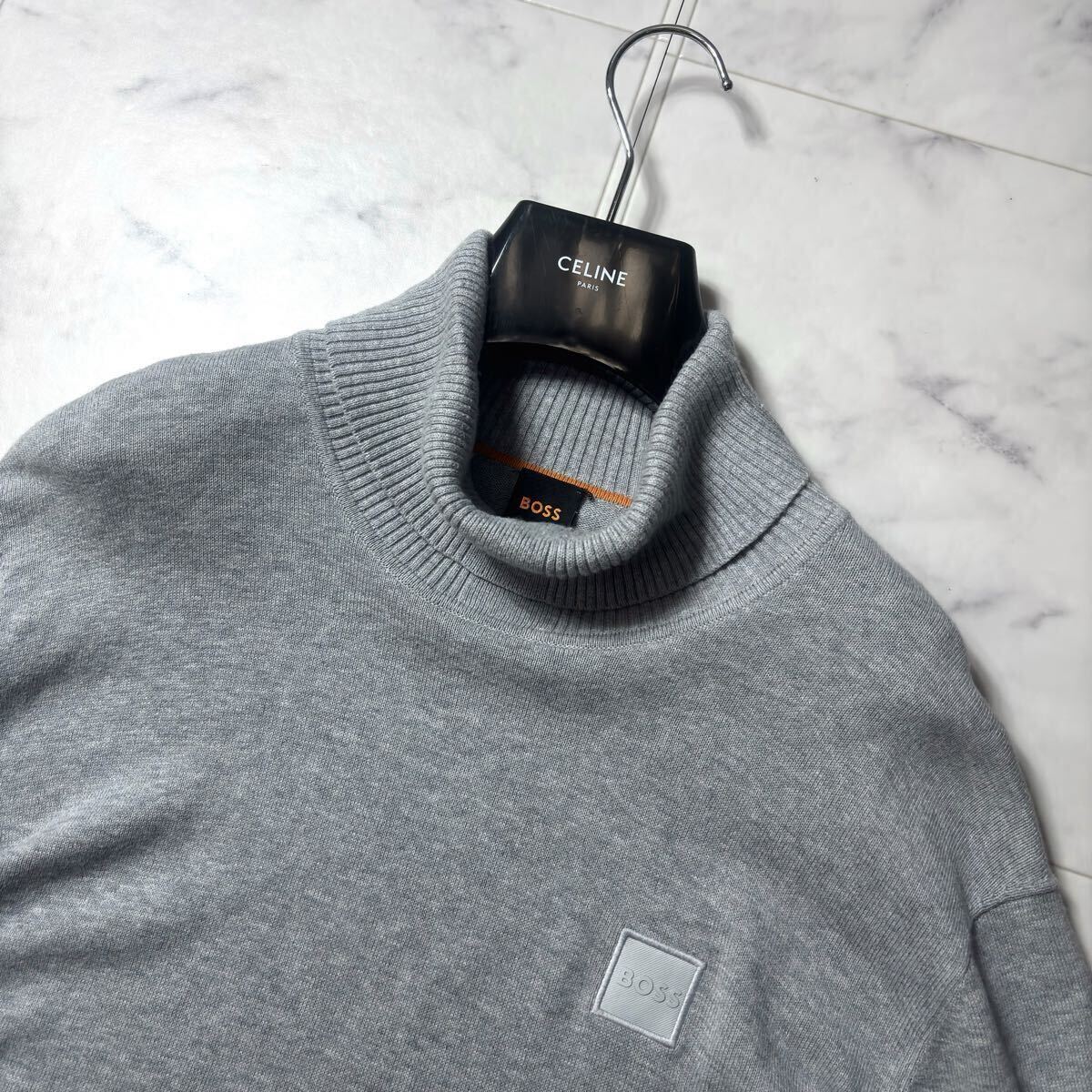 極美品/希少!XL HUGO BOSS 長袖 ニット●現行タグ カシミヤ混 タートルネック ロゴパッチ ハイネック セーター グレー メンズ ヒューゴボス_画像3