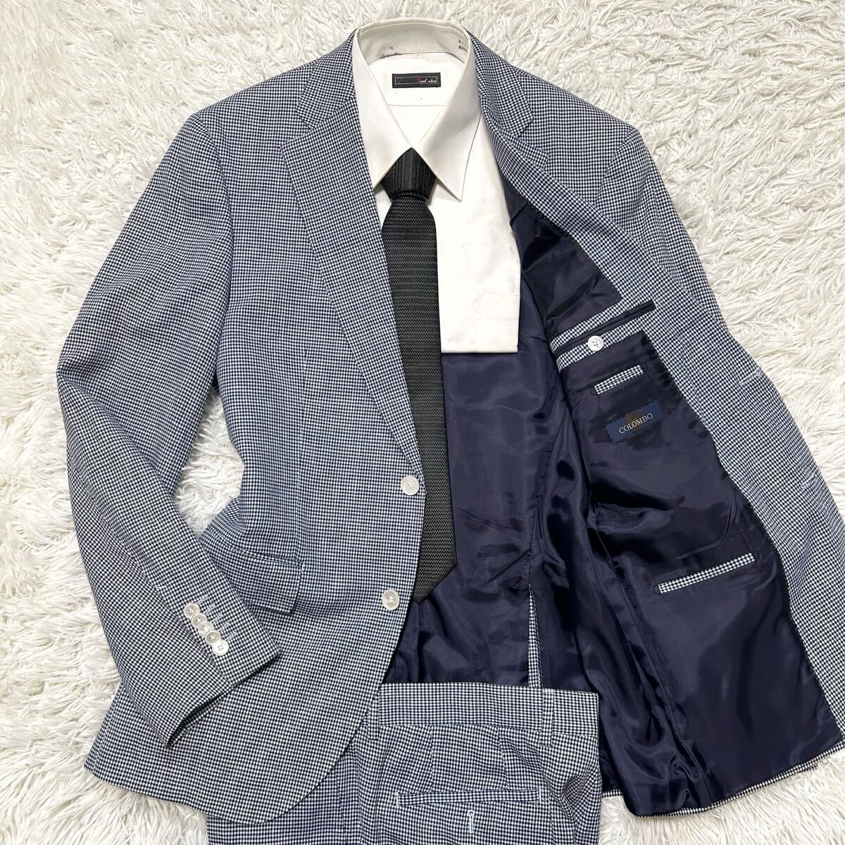希少XL〜XXL相当!!!ヒューゴボス　コロンボ【溢れる高級感】HUGO BOSS スーツ　セットアップ　ジャケット　チェック　ネイビー　ホワイト_画像1