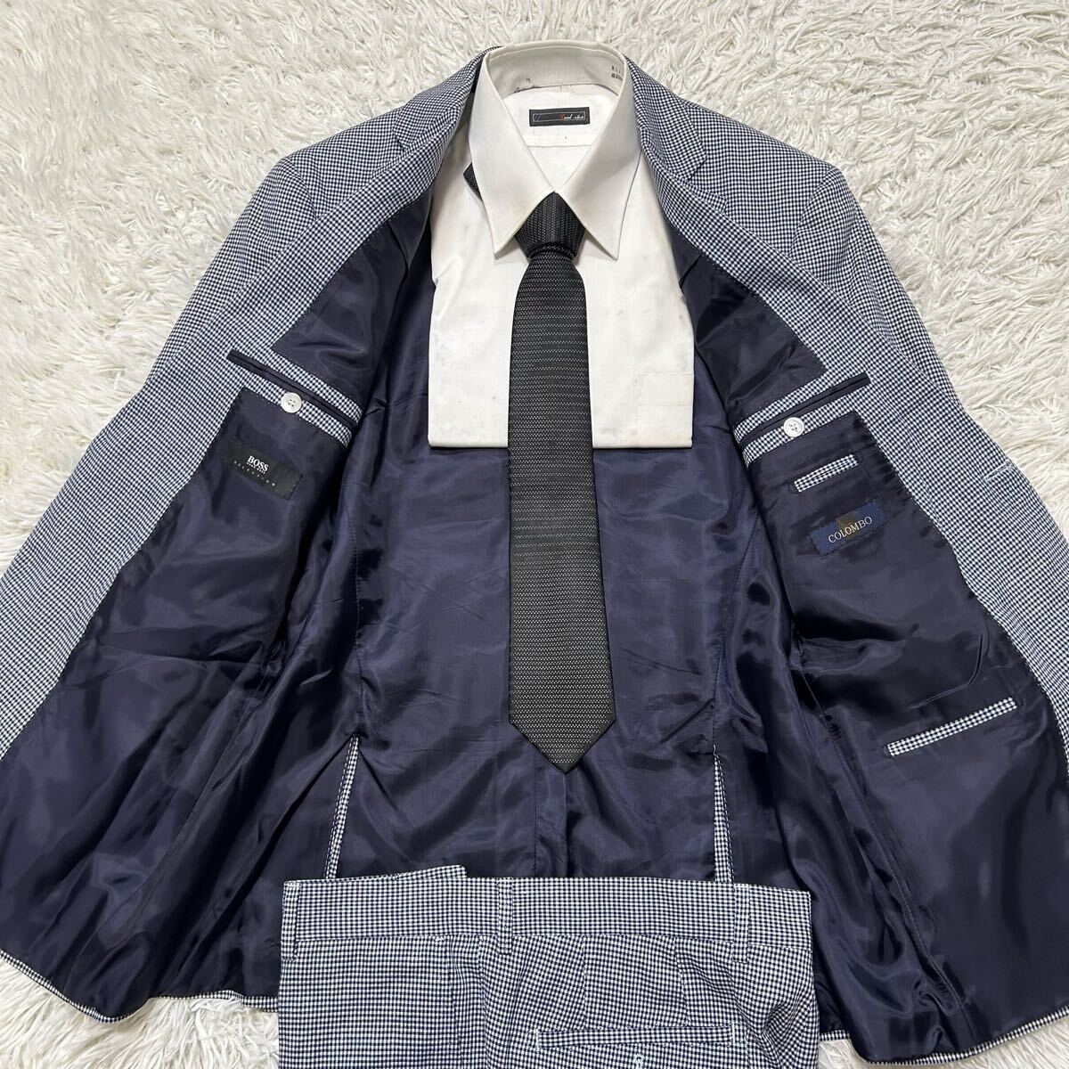 希少XL〜XXL相当!!!ヒューゴボス　コロンボ【溢れる高級感】HUGO BOSS スーツ　セットアップ　ジャケット　チェック　ネイビー　ホワイト_画像5