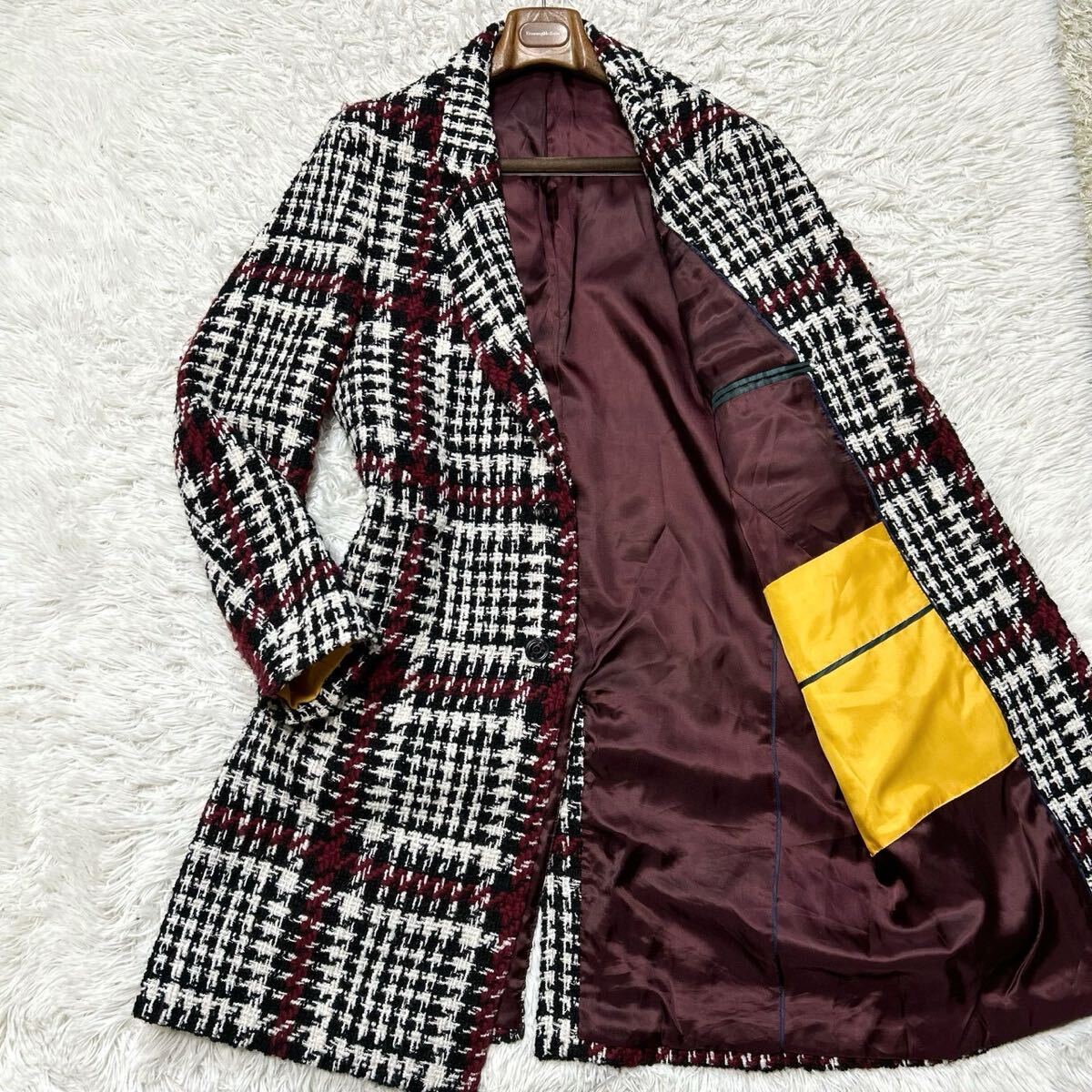 希少L〜XL相当!!!ザラ【纏う高級感】ZARA チェスターコート ロングコート ツイード チェック ホワイト レッド_画像1