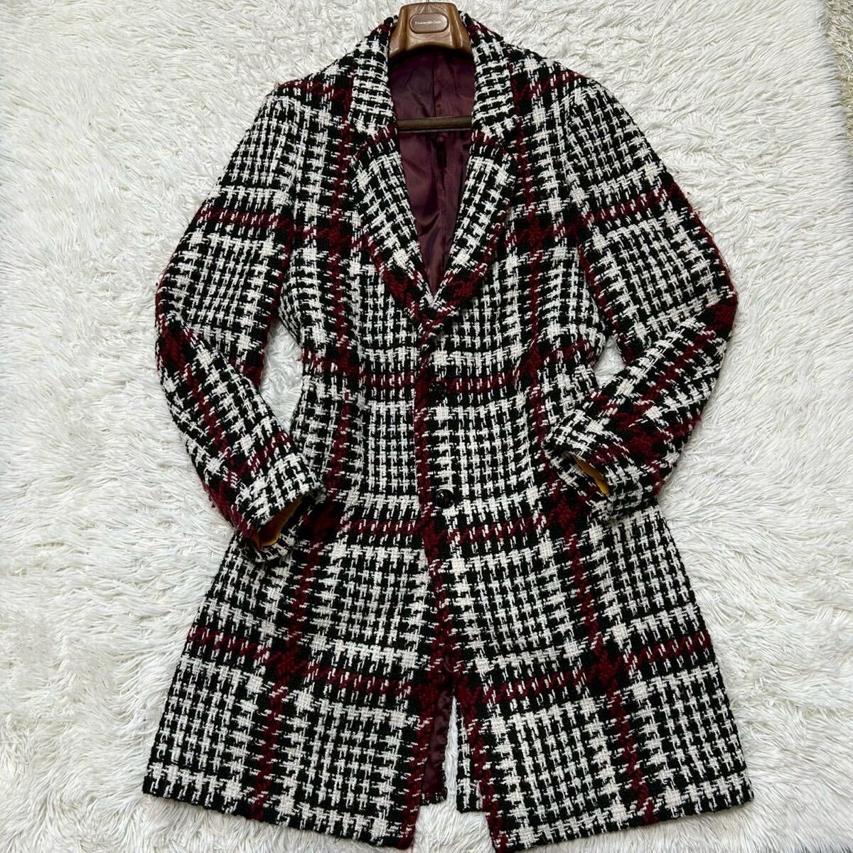 希少L〜XL相当!!!ザラ【纏う高級感】ZARA チェスターコート ロングコート ツイード チェック ホワイト レッド_画像2