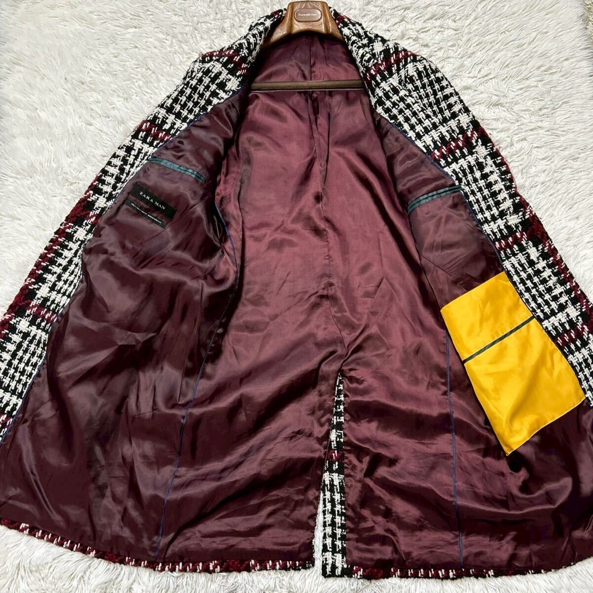 希少L〜XL相当!!!ザラ【纏う高級感】ZARA チェスターコート ロングコート ツイード チェック ホワイト レッド_画像5