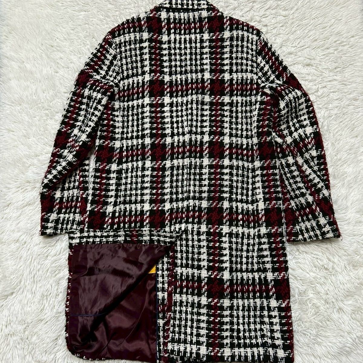 希少L〜XL相当!!!ザラ【纏う高級感】ZARA チェスターコート ロングコート ツイード チェック ホワイト レッド_画像8