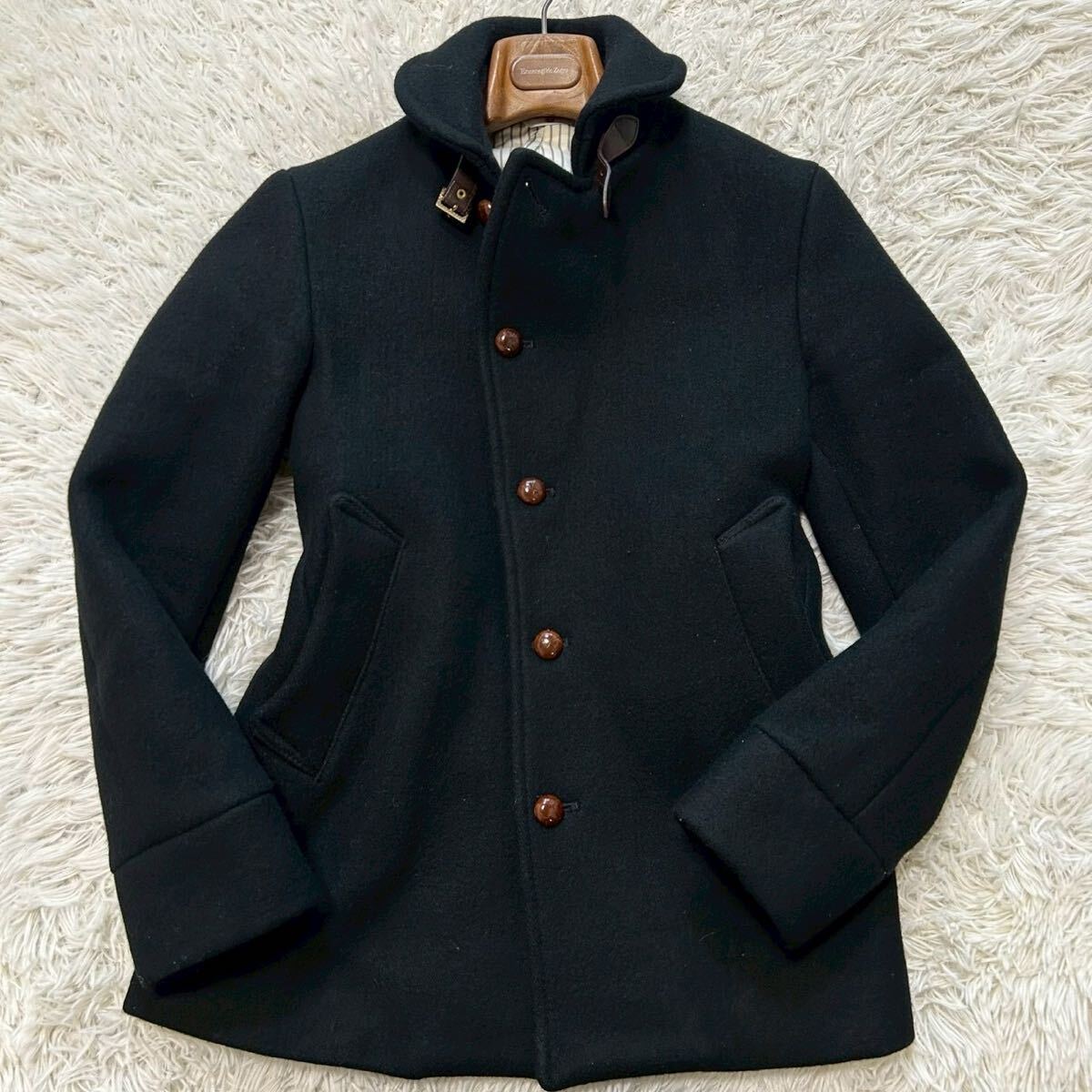 極上アンゴラ混!!!エディフィス【最高級の逸品】EDIFICE コート　アウター　くるみボタン　牛革　本革　ブラック　M位_画像2