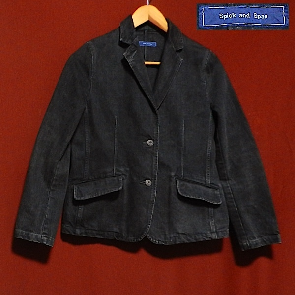 Spick&Span デザイン テーラード ブレザー デニム ジャケット ハーフ ドレスジャケット ユーズド加工 インディゴ 黒 ブラック F S ~ M 美品_画像1
