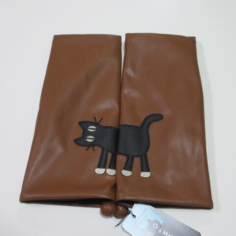 【Atsuko Matano】マタノアツコ手袋 指なし手袋 裏ボア フェイクレザー 見つめる猫/ネコ/ブラウン_画像1