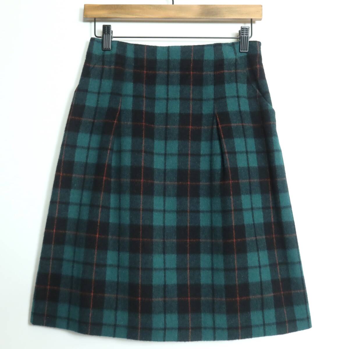 レリアン★タック入りスカート サイズ9 緑×黒系 ウール混♪厚手 z16257_画像1