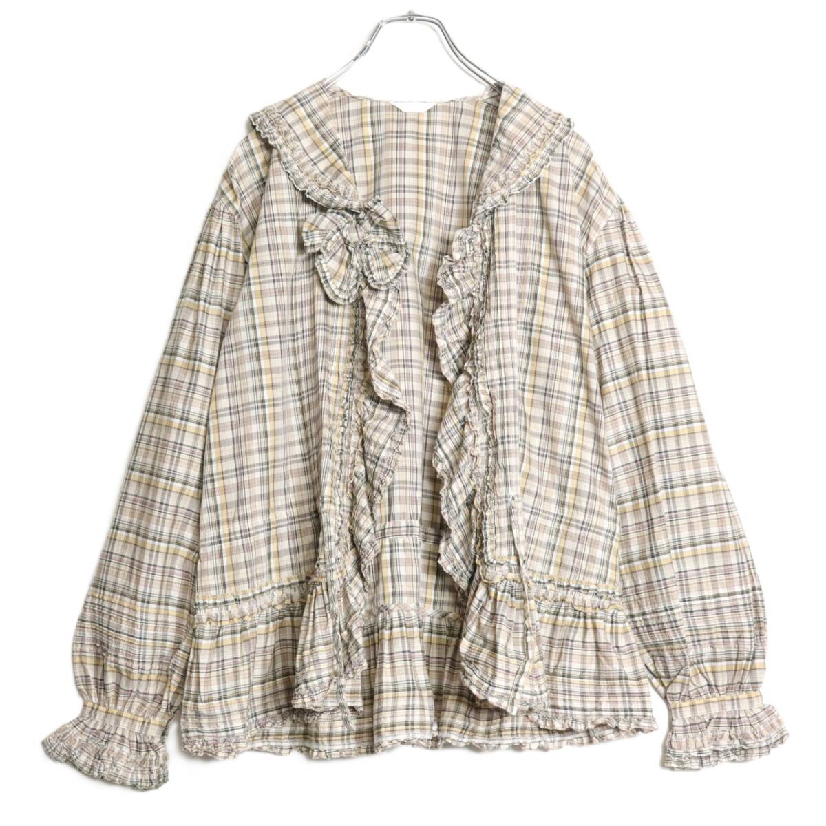 ピンクハウス★セーラー襟&オリチェpt♪たっぷりフリルのローンブラウス はおりもの グレージュ系 z16269_画像1