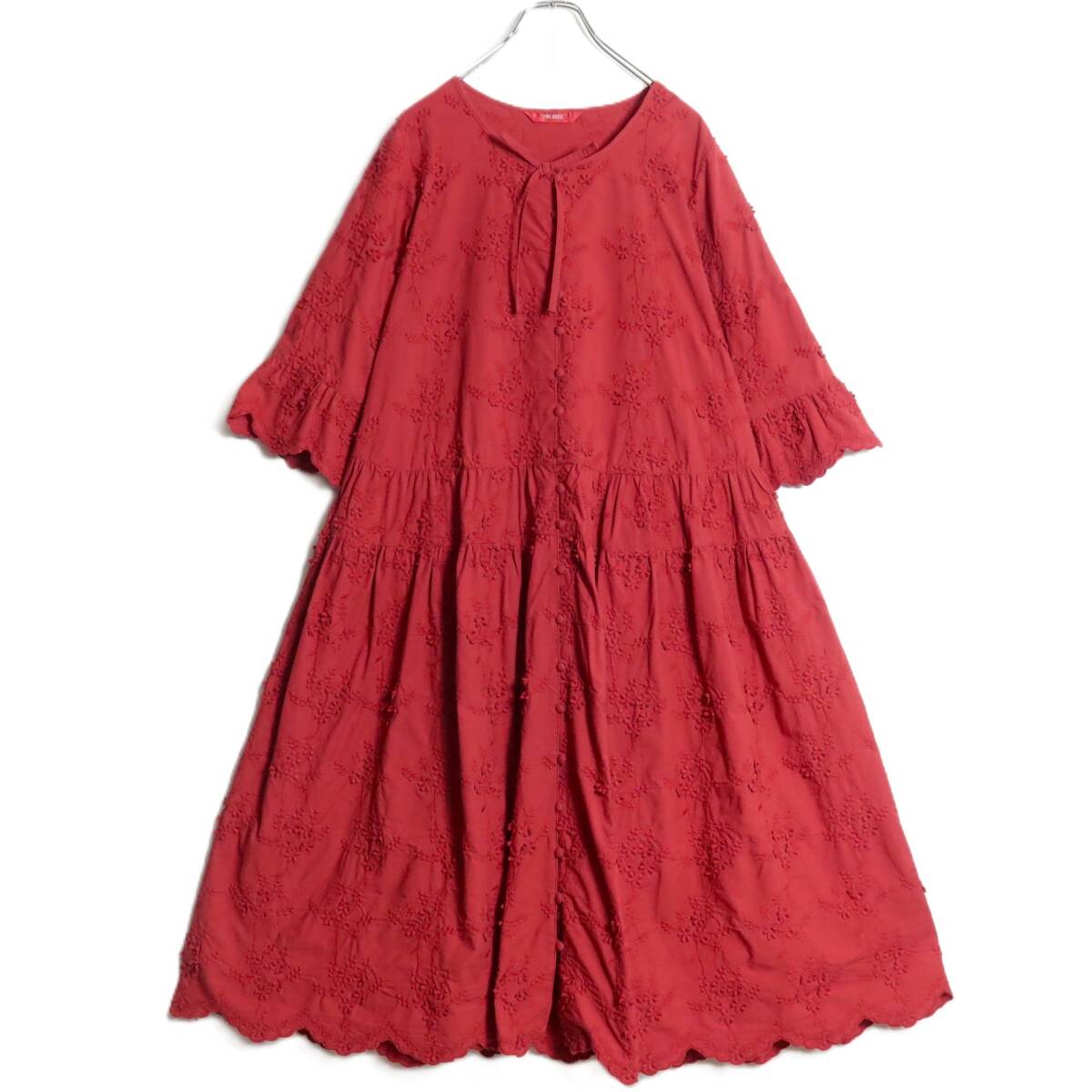 【美品】ピンクハウス★お花の総刺繍♪ワンピース 赤系 前開き スカラップ&リボン♪z16313_画像1