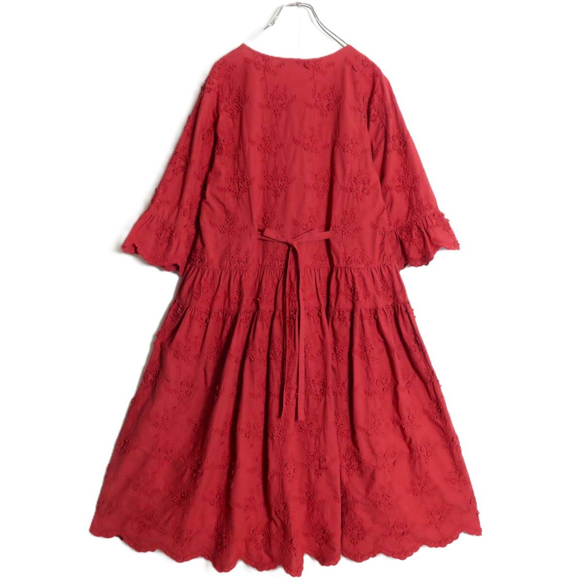 【美品】ピンクハウス★お花の総刺繍♪ワンピース 赤系 前開き スカラップ&リボン♪z16313_画像7