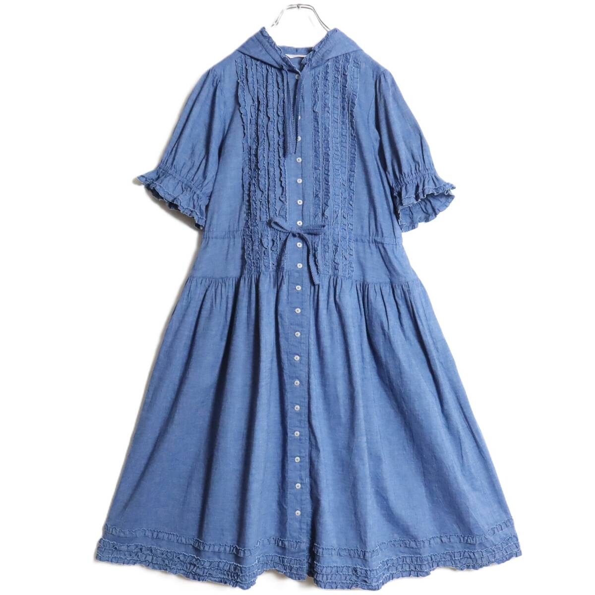 【美品】ピンクハウス★タンガリーワンピース フーディ ブルー系 前開き ピコフリルいっぱい♪z16314_画像1