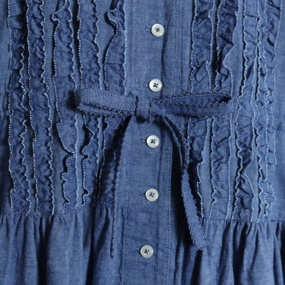 【美品】ピンクハウス★タンガリーワンピース フーディ ブルー系 前開き ピコフリルいっぱい♪z16314_画像5