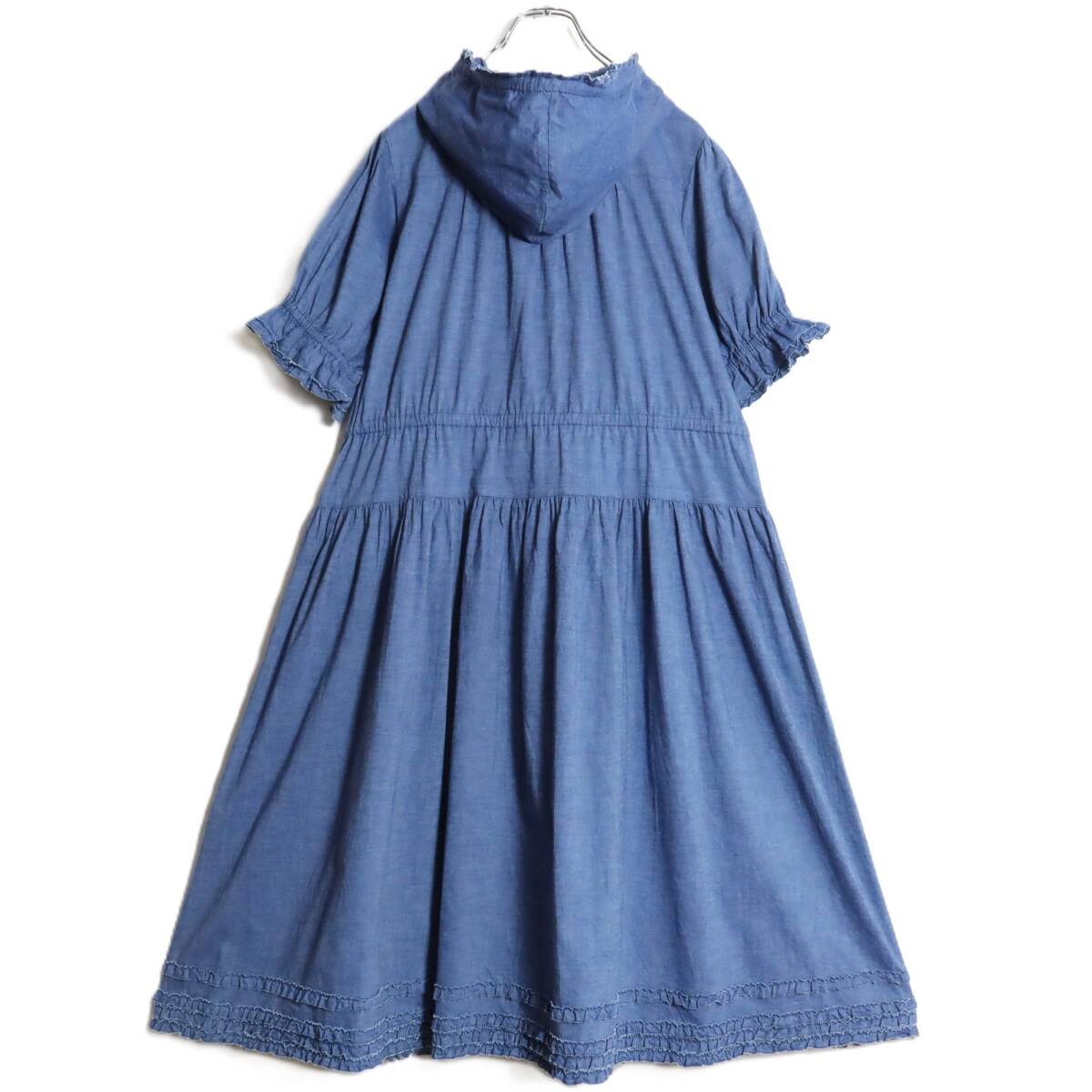 【美品】ピンクハウス★タンガリーワンピース フーディ ブルー系 前開き ピコフリルいっぱい♪z16314_画像7