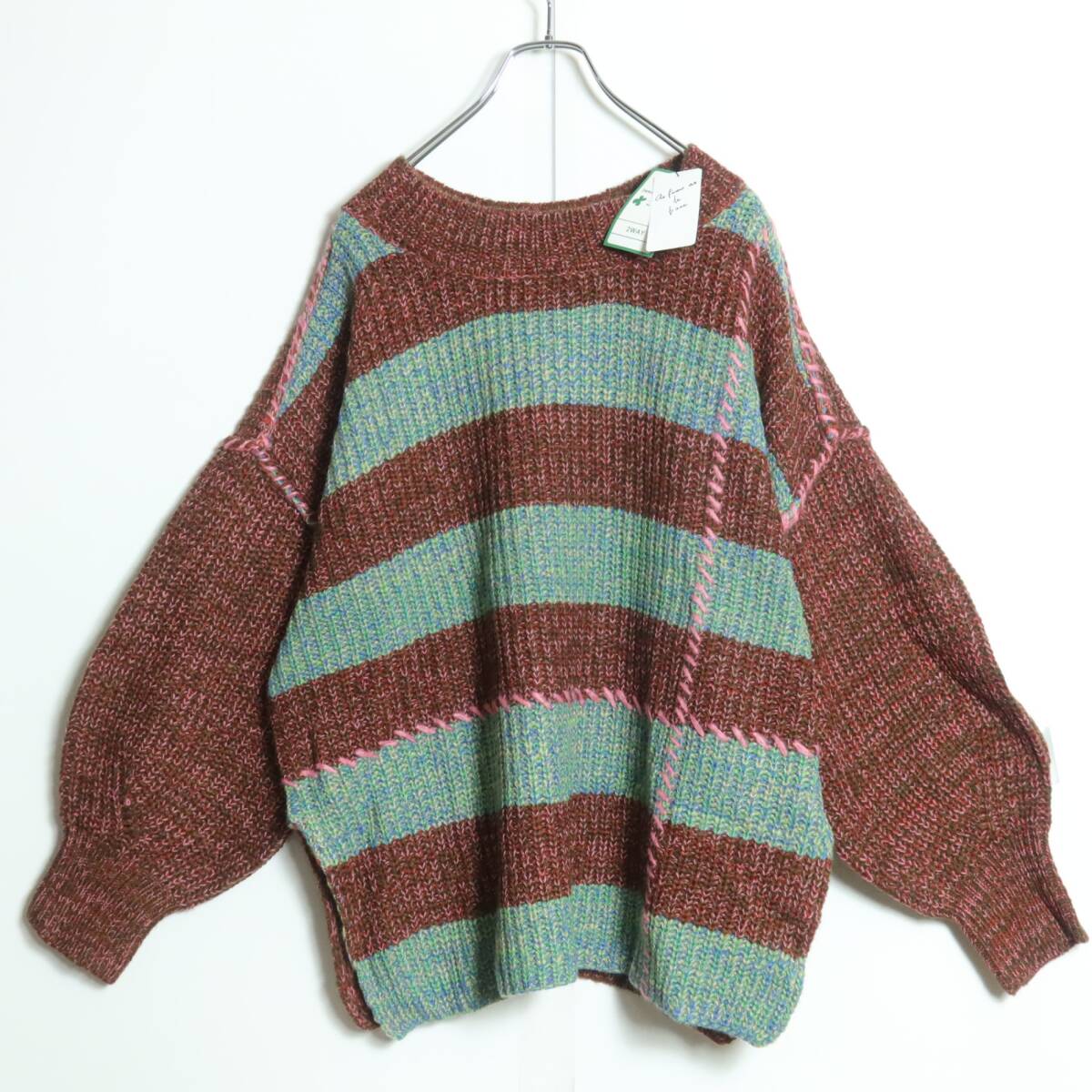 【タグ付き】アズノウアズ★ステッチが可愛い♪ ミックスボーダーのセーター ドルマン袖 サイズF 赤×緑系 z16322_画像1