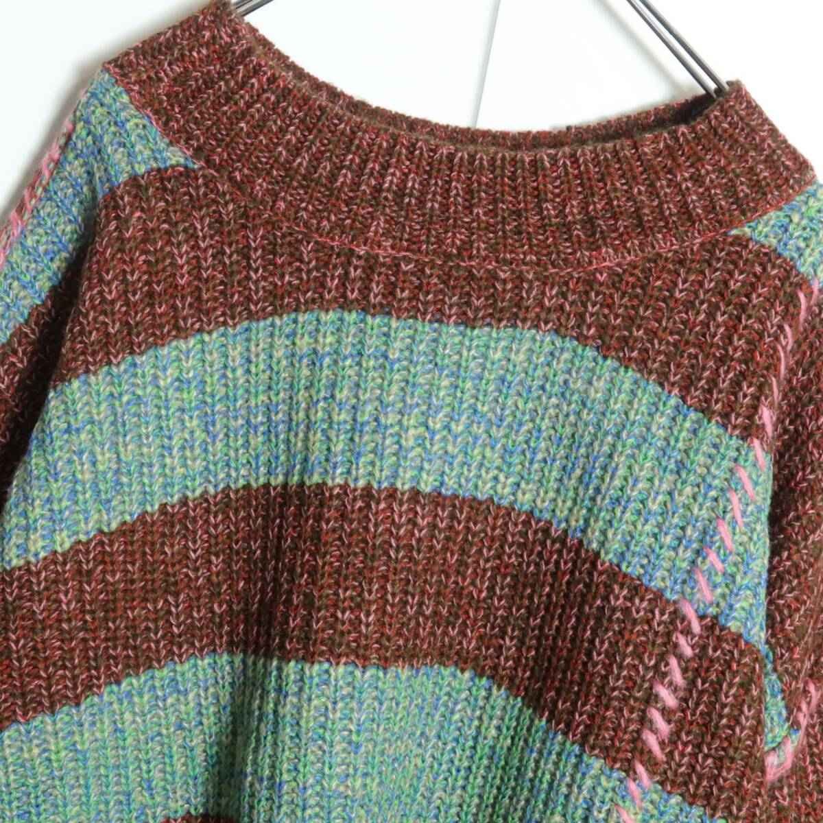 【タグ付き】アズノウアズ★ステッチが可愛い♪ ミックスボーダーのセーター ドルマン袖 サイズF 赤×緑系 z16322_画像2