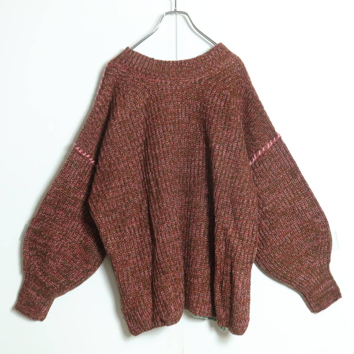 【タグ付き】アズノウアズ★ステッチが可愛い♪ ミックスボーダーのセーター ドルマン袖 サイズF 赤×緑系 z16322_画像5