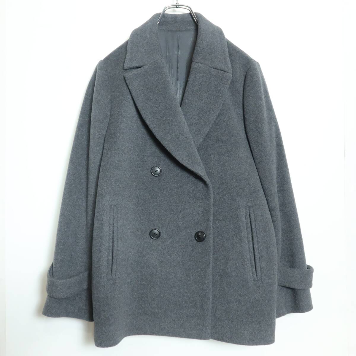 【美品】自由区★ゆったりコート グレー系 大きいサイズ44 あったかウール混♪冬物 z16396_画像1