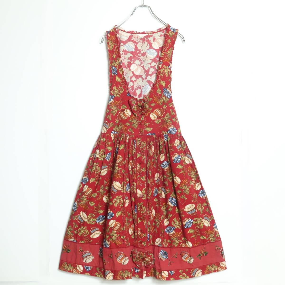 ピンクハウス★豪華なジャム瓶プリントと刺繍♪ ジャンパースカート 前ボタン全開 レトロ 赤系 z16458_画像1