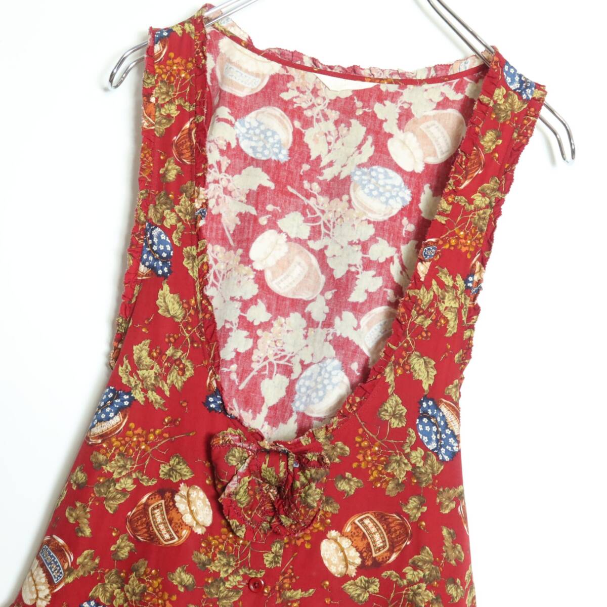 ピンクハウス★豪華なジャム瓶プリントと刺繍♪ ジャンパースカート 前ボタン全開 レトロ 赤系 z16458_画像2