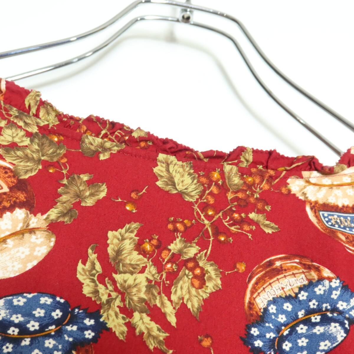 ピンクハウス★豪華なジャム瓶プリントと刺繍♪ ジャンパースカート 前ボタン全開 レトロ 赤系 z16458_画像7