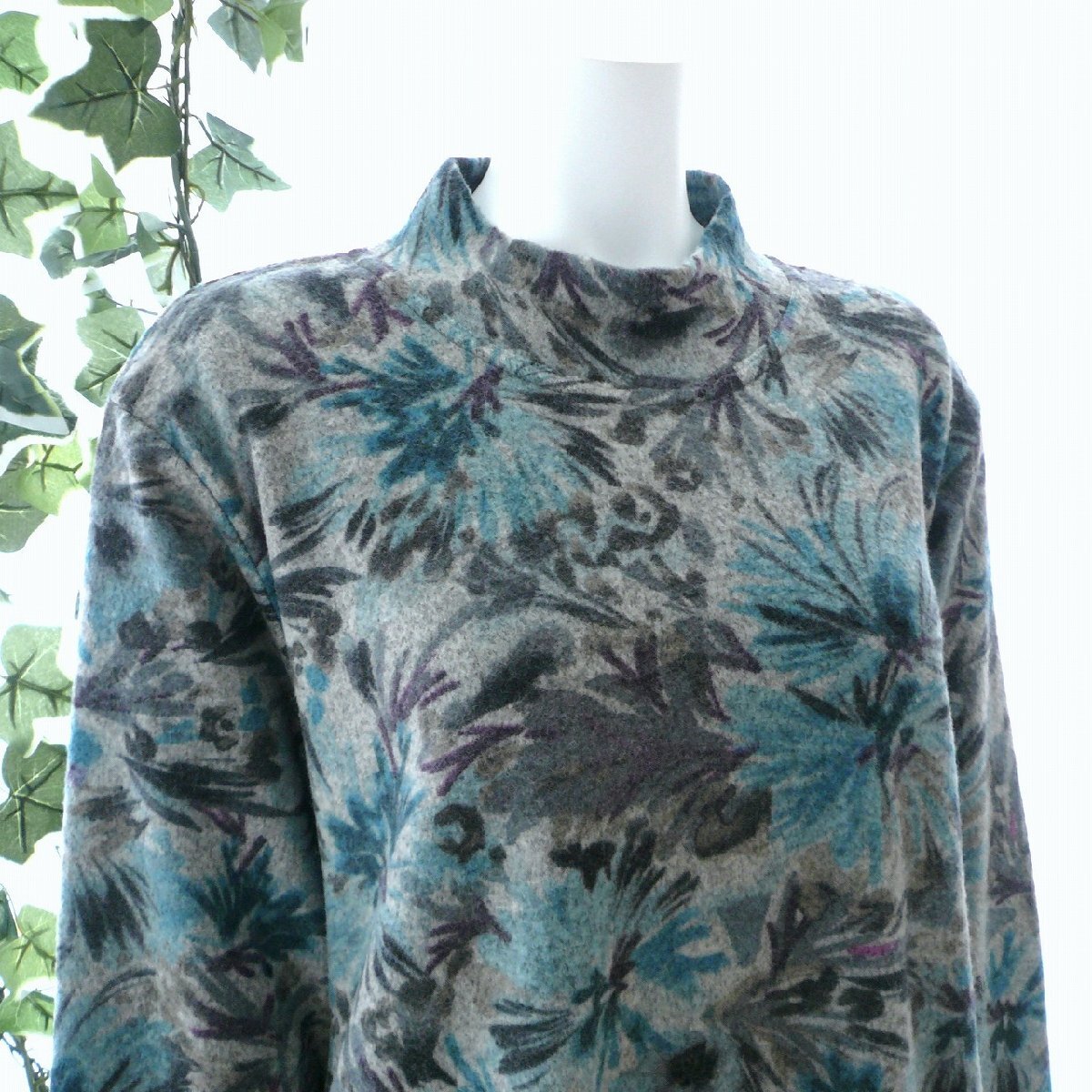 新品 9996 ML 花柄 あったか 起毛 チュニック 秋 冬 レディース グレー青 ふんわり ニットソー ゆったり 上品 50代 60代 70代_画像3