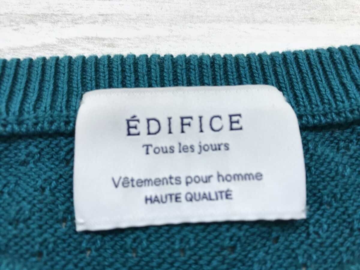 エディフィス EDIFICE ボーダー 針抜き 模様編み クルーネック ジャガード ニット セーター メンズ コットン100% 46 青緑_画像2