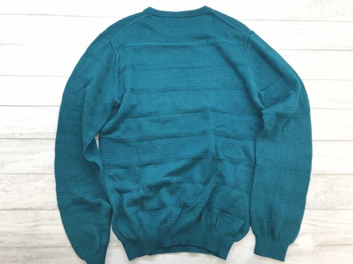 エディフィス EDIFICE ボーダー 針抜き 模様編み クルーネック ジャガード ニット セーター メンズ コットン100% 46 青緑_画像3