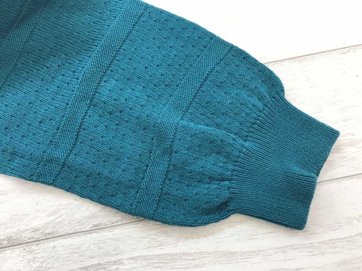 エディフィス EDIFICE ボーダー 針抜き 模様編み クルーネック ジャガード ニット セーター メンズ コットン100% 46 青緑_画像4