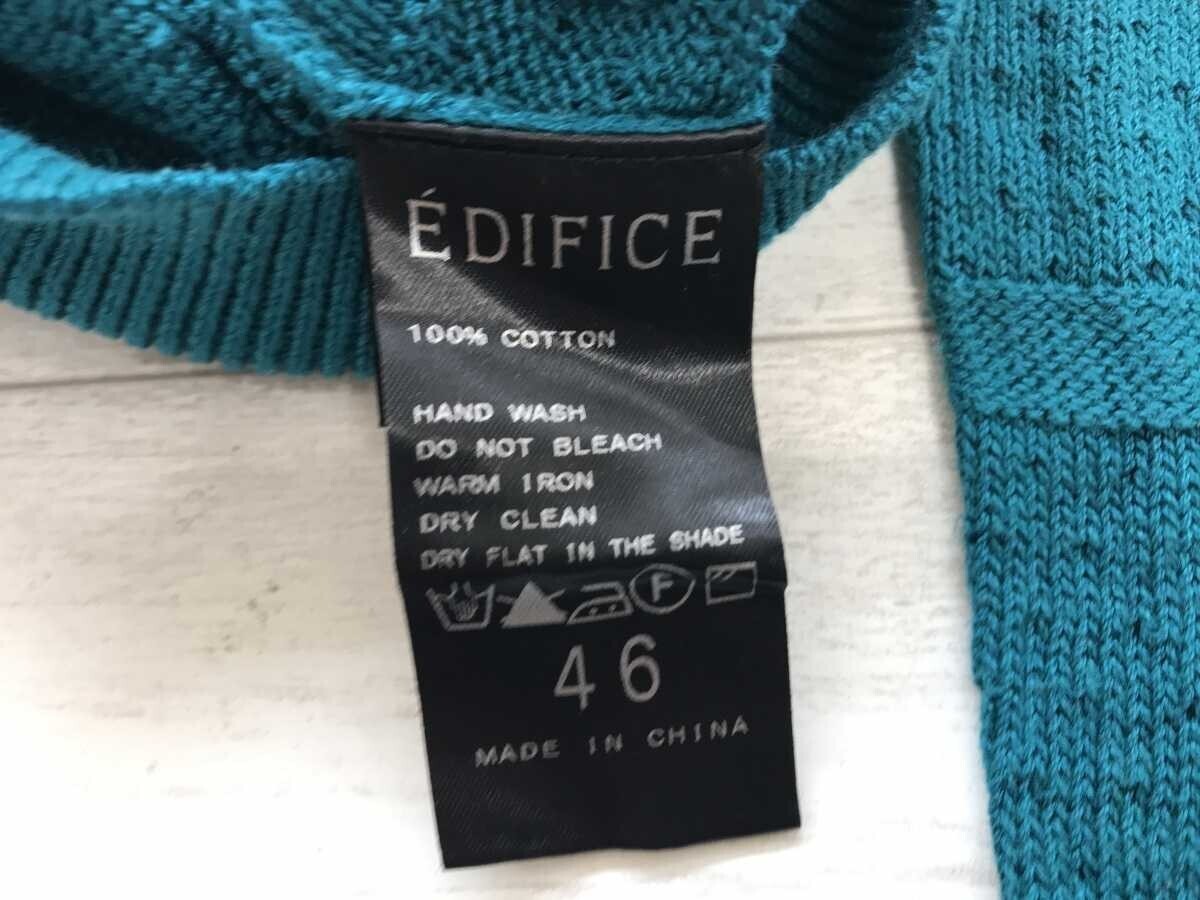 エディフィス EDIFICE ボーダー 針抜き 模様編み クルーネック ジャガード ニット セーター メンズ コットン100% 46 青緑_画像7