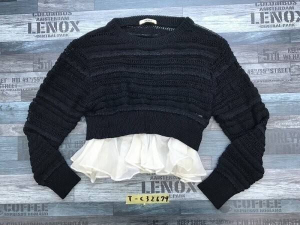 snidel スナイデル レディース 裾シフォン ボーダー シアーニットセーター F 黒_画像1