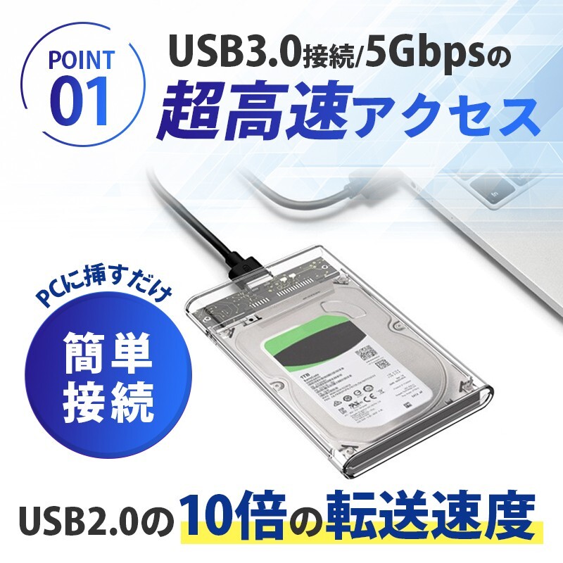 2.5インチ 外付け HDD SSD ケース クリア 2個ポータブル ドライブ 電源不要 UASP対応 工具不要 透明 USB3.0 ハードディスク SATA 5Gbps A_画像3