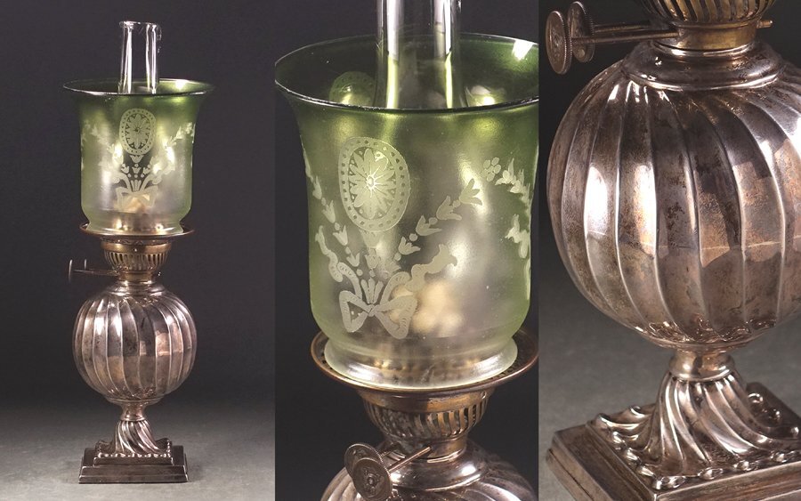∇花∇19世紀イギリス【J.K.B社】 1891～1892年 ビクトリアン様式 スターリングシルバーオイルランプ ウランガラス火舎・ガラスシェード_画像1