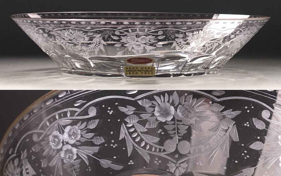 ∇花∇【モーゼル/MOSER】 カットガラスにグラヴィール 草花文金縁ボウル(菓子器) 直径24cm 純正箱付 最高級ボヘミアンガラス_画像1