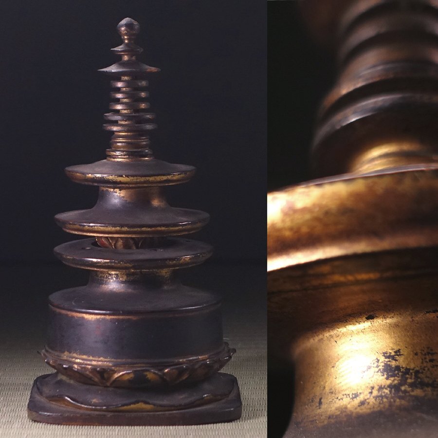 ∇花∇江戸時代中期の造立 希少な法隆寺百万塔写の名品 木造漆箔三重小塔 蓮華座 名著・古仏礼賛所載類品 至高の仏教美術_画像1