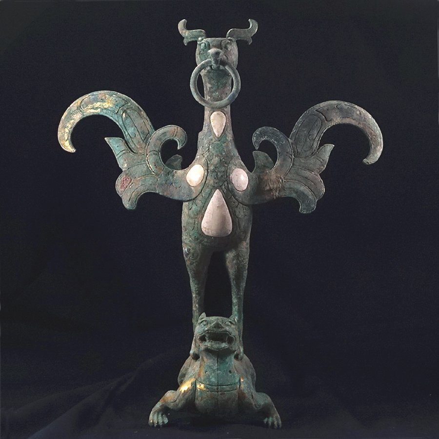 ∇花∇中国高古銅器 西周中期 金銅白玉象嵌朱雀杯 朱雀燈台 擺件 古代青銅器 発掘出土品 河北省博物院にも収蔵される名品_画像1