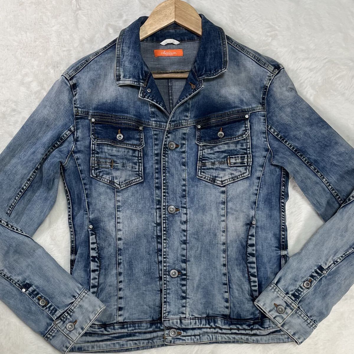 美品/L HIDEAWAYS NICOLE デニムジャケット インディゴ 刻印ボタン ヴィンテージ加工 ハイダウェイニコル_画像2