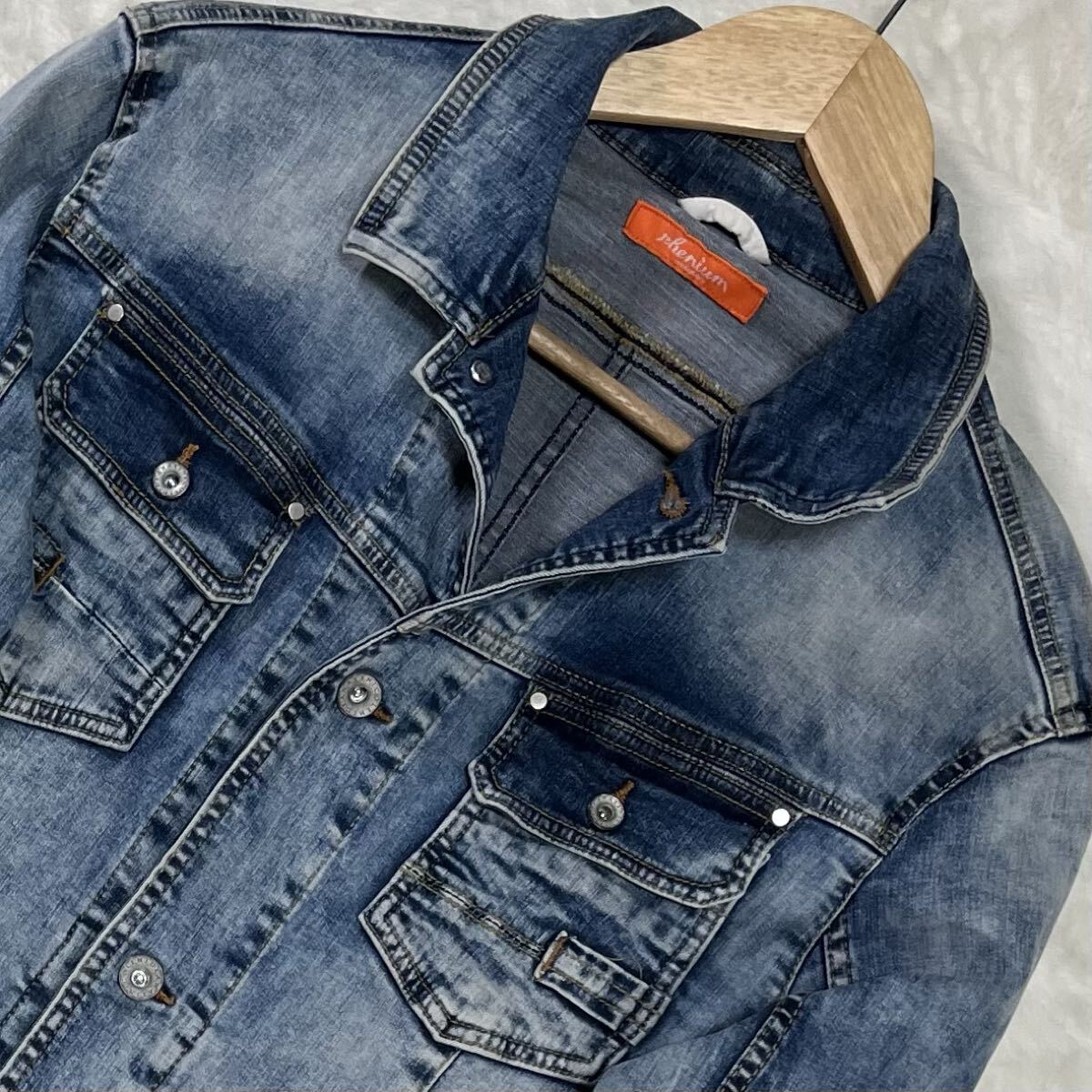 美品/L HIDEAWAYS NICOLE デニムジャケット インディゴ 刻印ボタン ヴィンテージ加工 ハイダウェイニコル_画像3