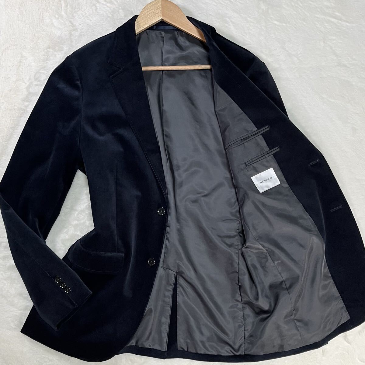 未使用級/XL 厚生地 冬向 TAKEO KIKUCHI テーラードジャケット ベロア 光沢 総柄 2B ブラック 内ポケット 近年ボックスタグ タケオキクチ M_画像1