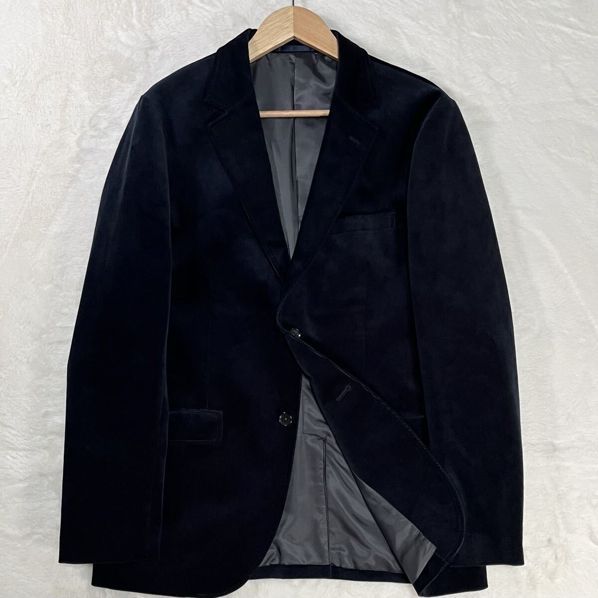 未使用級/XL 厚生地 冬向 TAKEO KIKUCHI テーラードジャケット ベロア 光沢 総柄 2B ブラック 内ポケット 近年ボックスタグ タケオキクチ M_画像2