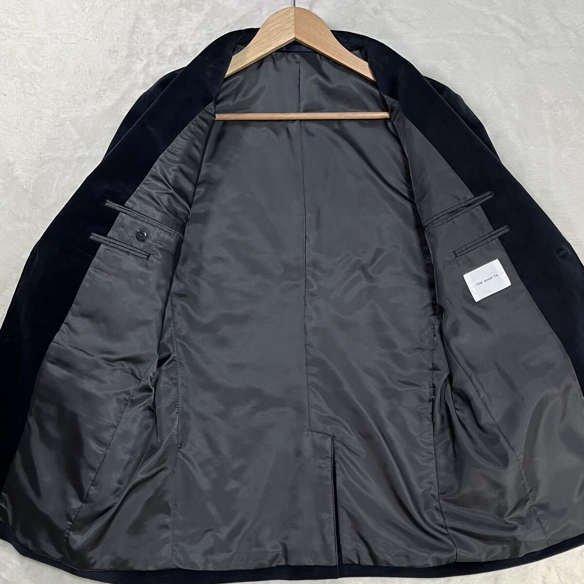 未使用級/XL 厚生地 冬向 TAKEO KIKUCHI テーラードジャケット ベロア 光沢 総柄 2B ブラック 内ポケット 近年ボックスタグ タケオキクチ M_画像5