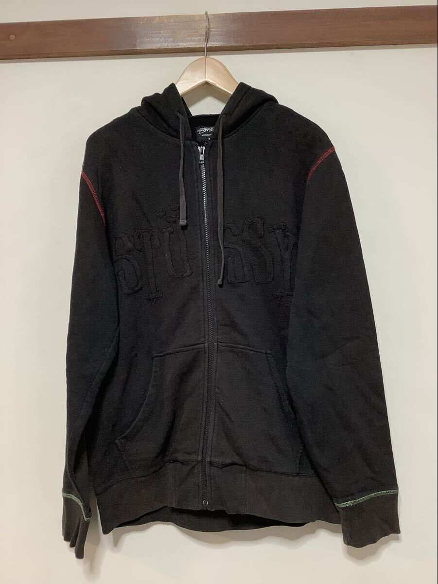 ぬ1760 STUSSY ステューシー ジップアップスウェットパーカー M ブラック 裏パイル 古着 色褪せ_画像1
