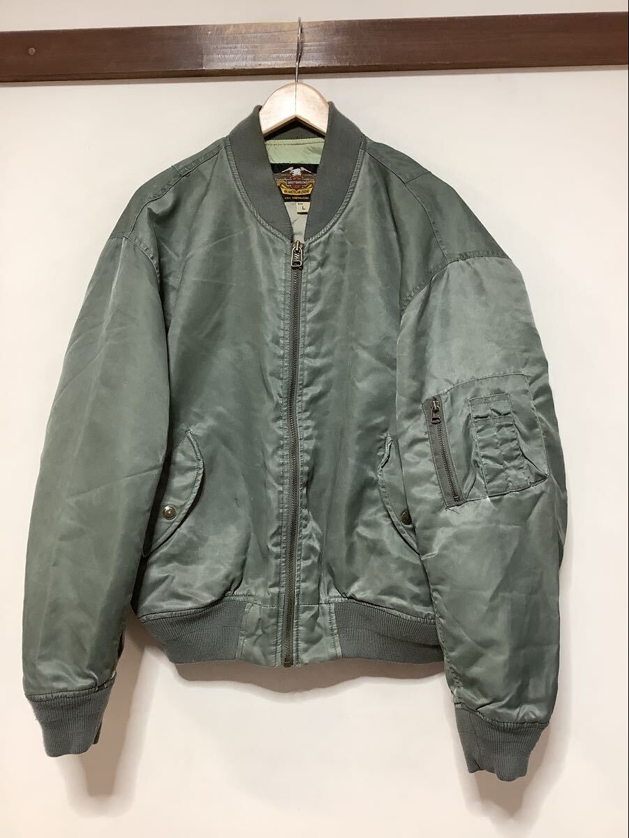 ね1732 Harley-Davidson ハーレーダビッドソン フライトジャケット MA-1 L グレー グリーングレー 中綿入り_画像2