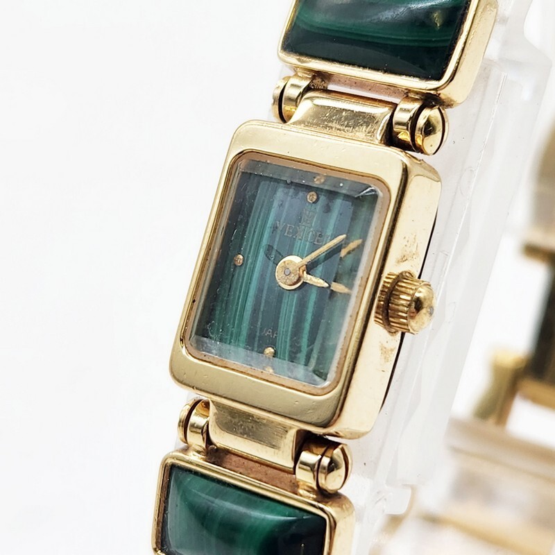 VEXCEL 稼動品 ヴェクセル 0Y003 ゴールド スクエア グリーン文字盤 天然石 ブレスレットウォッチ 2針 レディース クォーツ 腕時計 30-34_画像1