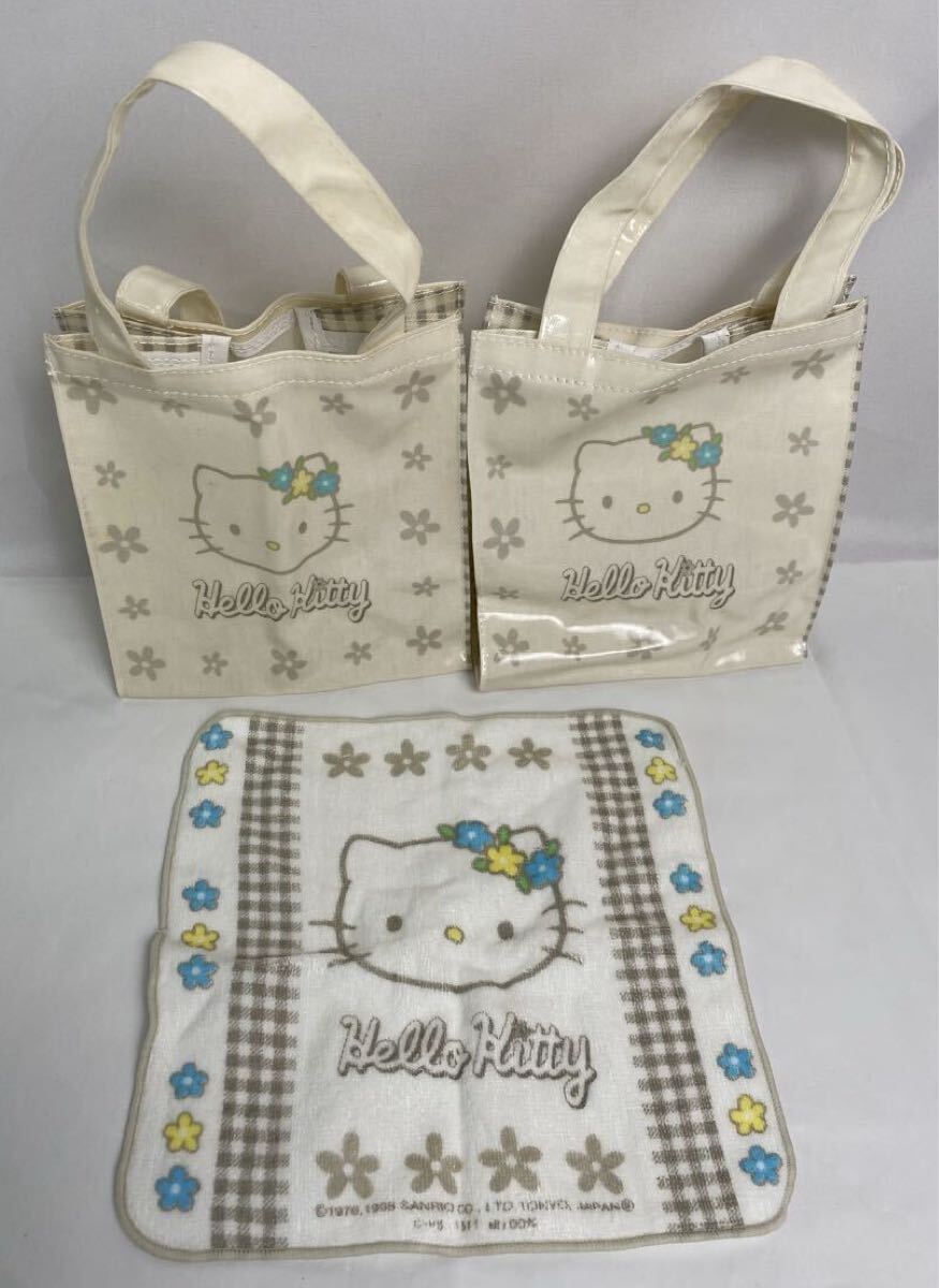 M 中古品/未使用】Hello kitty ハローキティ ミニ トートバッグ×2点・プチタオル 送料無料 キティ レトロ お花 チェック 1998年_画像1