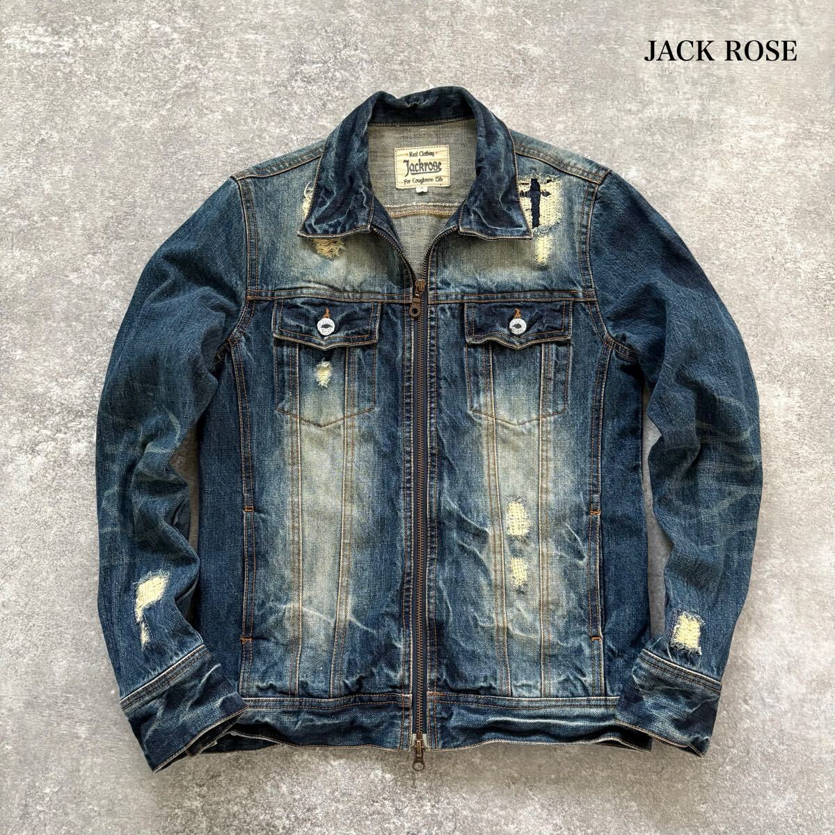 【JACK ROSE】ジャックローズ ダメージ加工 デニムジャケット ジージャン トラッカージャケット ダブルジップ クロス刺繍 ユーズド加工 (3)_画像1